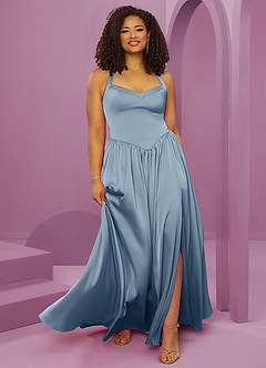Barbie ♥ Azazie Jurken voor bruidsmeisjes Jurk van Stretch Satijn met A-Lijn met Zakken Stoffig Blauw image10