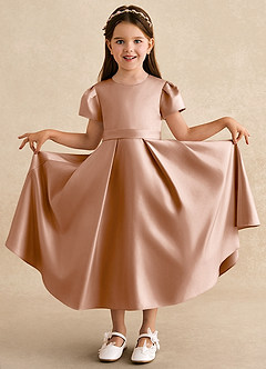 Azazie Princess Flower Girl Dresses Champagne Rose A-Line Pleated Matte Satin Dress image3