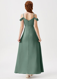 Azazie Ocean Junior Eucalyptus A-Line Off the Shoulder Stretch Satin Dress image2