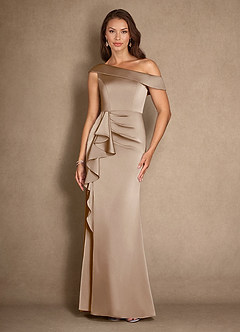 Azazie Hamptons Mother of the Bride Dresses Taupe A-Line Pleated Stretch Satin Dress image1