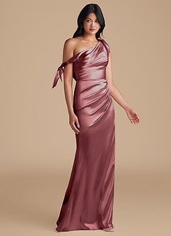 Azazie Xyla Bridesmaid Dresses Vintage Mauve Sheath Off the Shoulder Metallic Satin Convertible Dress image7