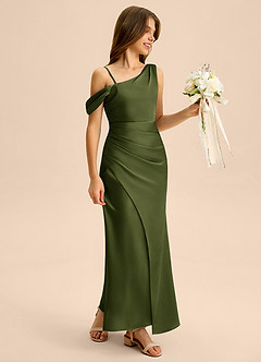 Azazie Madelyn Junior Osłona Zza ramienia Satyna elastyczna Długość podłogi Młodsza druhna Sukienka image6