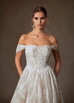 Azazie Justice Vestidos de noiva Vestido Diamante Branco Nu de Renda de Vestido de baile com Fora do ombro image8