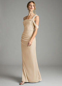 Azazie Tati Bridesmaid Dresses Champagne Sheath Off the Shoulder Mesh Dress image4