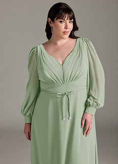 Azazie Sage Final Sale Dusty Sage A-Line Long Sleeve Chiffon Dress image10