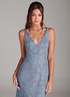 Azazie Tianna Bridesmaid Dresses Dusty Blue Sheath Lace Floral Burnout Dress image5