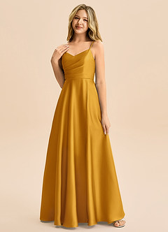 Azazie Rumi Junior A-Line Plisseret Stræk satin Gulv-længde Junior brudepige Kjole image3