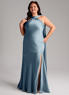 Azazie Kinsley Bridesmaid Dresses Dusty Blue Mermaid Side Slit Stretch Satin Dress image10
