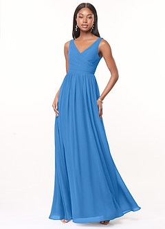 Azazie Keyla Vestidos de damas de honor Vestido de Azul Grisaceo de Gasa de Corte en A con Cuello en V Plisado image1