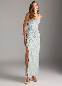 Azazie Mai Bridesmaid Dresses Blue And White Ditsy Floral Sheath Pleated Chiffon Dress image5