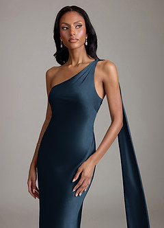Azazie Juniper Brudtärnklänningar Klänning av Sjöjungfru i Stretch Satin One-shoulder Mörk Marinblå image3