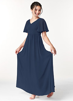 Azazie Temeka Junior Dark Navy A-Line Pleated Chiffon Dress image3