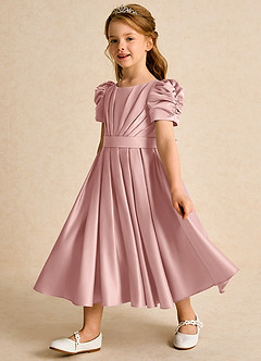 Azazie Miriam Flower Girl Dresses Rose Gold Ball-Gown Pleated Matte Satin Dress image7