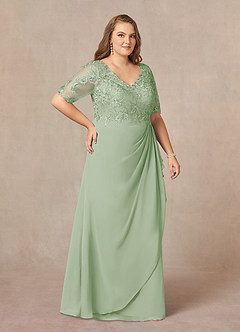 Azazie Amedeus vestidos de madre de la novia Vestido de Salvia Polvorienta de Gasa de Corte En A con Encaje cuello pico image4