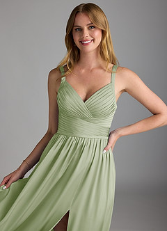 Azazie Chanel Bridesmaid Dresses Dusty Sage A-Line Pleated Stretch Satin Dress image3