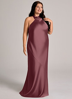 Azazie Velli Robes de demoiselle d'honneur Robe Sirène en Satin extensible Col haut Rose Du Désert image7