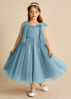 Azazie Dori Robe Demoiselle D'honneur Fillette Robe Trapèze en Tulle Rayé Bleu Maussade image2