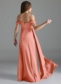 Azazie Amyra Junior Coral Sheath Off the Shoulder Stretch Satin Dress image2