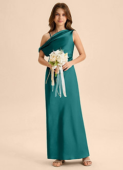 Azazie Emerson Junior Peacock Sheath Off the Shoulder Stretch Satin Dress image3