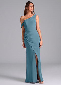 Azazie Madelyn Brautjungfernkleider Wandelbar Meerjungfrau-Linie One-Shoulder Chiffon Kleid Bermudablau image1