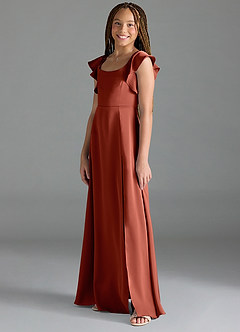 Azazie Bondi Junior Terracotta A-Line Side Slit Stretch Satin Dress image4