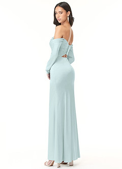 Azazie Hallie Jurken voor bruidsmeisjes Converteerbaar Jurk van Stretch Satijn met Kolom Off-the-shoulder lange mouw Zeeglas image10
