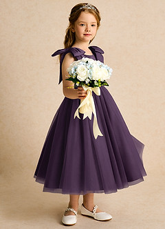 Azazie Serene Abiti da Ragazza di Fiori Abito Principessa in Raso Opaco Fiocco Prugna image5