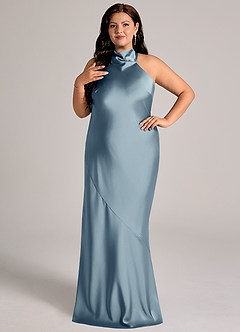 Azazie Velli Abiti da Damigella Abito Sirena in Raso Elasticizzato Collo Alto Blu Polveroso image10