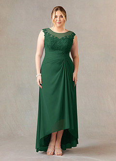 Azazie Endora At-home Try On Dresses Dark Green A-Line Scoop Lace Chiffon Dress image6