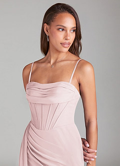 Azazie Amyra Bridesmaid Dresses Blushing Pink Sheath Off the Shoulder Chiffon Convertible Dress image2