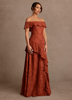 Azazie Marina Mother of the Bride Dresses Auburn A-Line Off the Shoulder Floral Burnout Dress image3