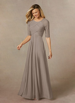 Azazie Raelyn Mother of the Bride Dresses Taupe A-Line Lace Mesh Dress image3