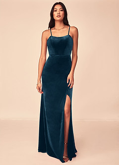 Azazie Nereda Bridesmaid Dresses Blue Topaz A-Line Strapless Velvet Convertible Dress image6