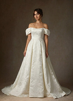 Azazie Efina At-home Try On Dresses Antique White Ball-Gown Floral Jacquard Dress image6