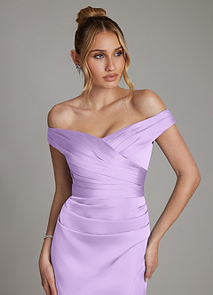 Azazie Teyana Bridesmaid Dresses Lilac Sheath Off the Shoulder Stretch Satin Dress image2