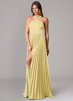 Azazie Afra Bridesmaid Dresses Lemon Sorbet A-Line Pleated Stretch Satin Dress image4