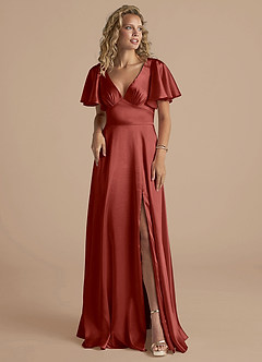 Azazie Kimber Bridesmaid Dresses Terracotta A-Line Ruched Metallic Satin Dress image5