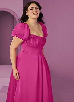 Barbie ♥ Azazie Vestidos de damas de honor Vestido de Fucsia de Satén Elástico de Corte en A con Volante image9