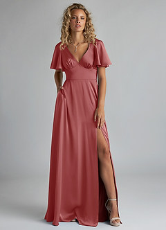 Azazie Kimber 신부 들러리 드레스 A라인 셔링 스트레치 새틴 바닥 길이 드레스 image1