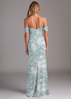 Azazie Saige Bridesmaid Dresses Powder Blue Floral Sheath Off the Shoulder Stretch Satin Dress image10