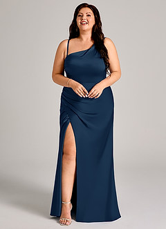 Azazie Madelyn Bridesmaid Dresses Dark Navy Mermaid One Shoulder Stretch Satin Convertible Dress image15
