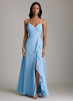 Azazie Naeem Robes de demoiselle d'honneur Robe Trapèze en Mousseline de soie Col V à volants Poudre Bleue image3
