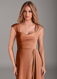 Azazie Laila Bridesmaid Dresses Copper A-Line Pleated Stretch Satin Dress image5