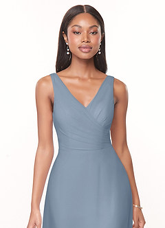 Azazie Nala Jurken voor bruidsmeisjes Jurk van Chiffon met A-Lijn Geplooid Stoffig Blauw image4