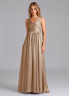 Azazie Keyla Final Sale Taupe A-Line Pleated Stretch Satin Dress image1