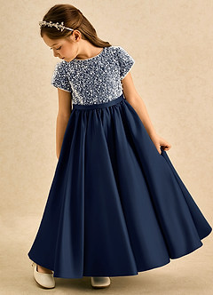 Azazie Cashew Flower Girl Dresses Dark Navy Ball-Gown with Sleeves Matte Satin Dress image5