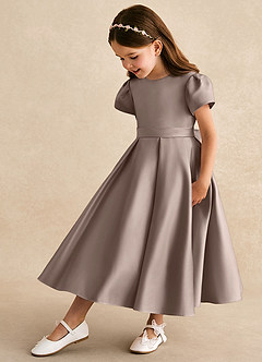 Azazie Princess Flower Girl Dresses Taupe A-Line Pleated Matte Satin Dress image1