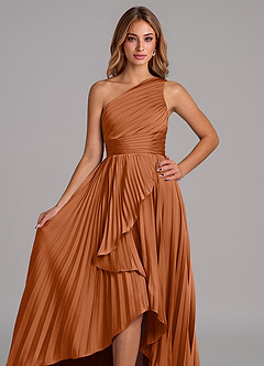 Azazie Lyrica Bridesmaid Dresses Copper A-Line One Shoulder Stretch Satin Dress image4