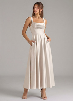 Azazie Shaude Bridesmaid Dresses White Alabaster A-Line Pleated Stretch Satin Dress image3