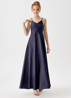 Azazie Avelina Junior Abito A-Line in Raso Elasticizzato Plissettato Stormy image4